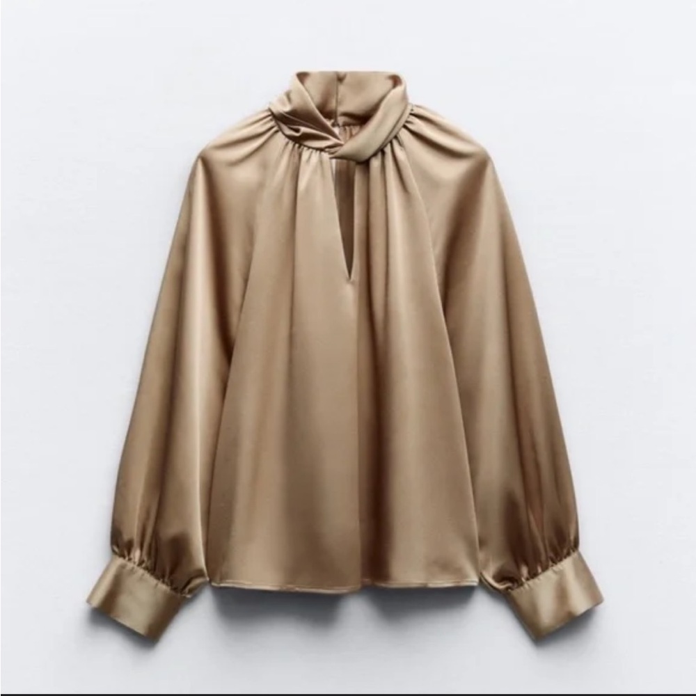 NWT Zara beige high neck long sleeve satin silky blouse small s - Picture 3 of 11